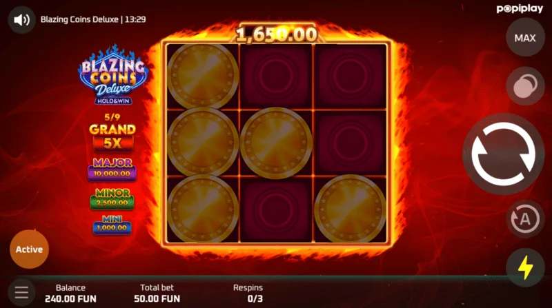Écran de jeu de re-spin Blazing Coins Deluxe
